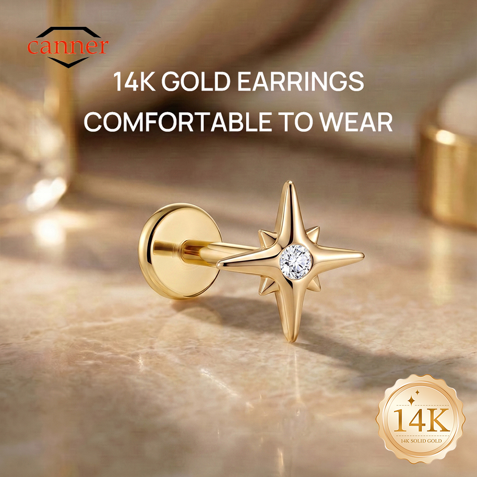 Star Flat Back - CANNER 1PC 14K Solid Gold Eight-pointed