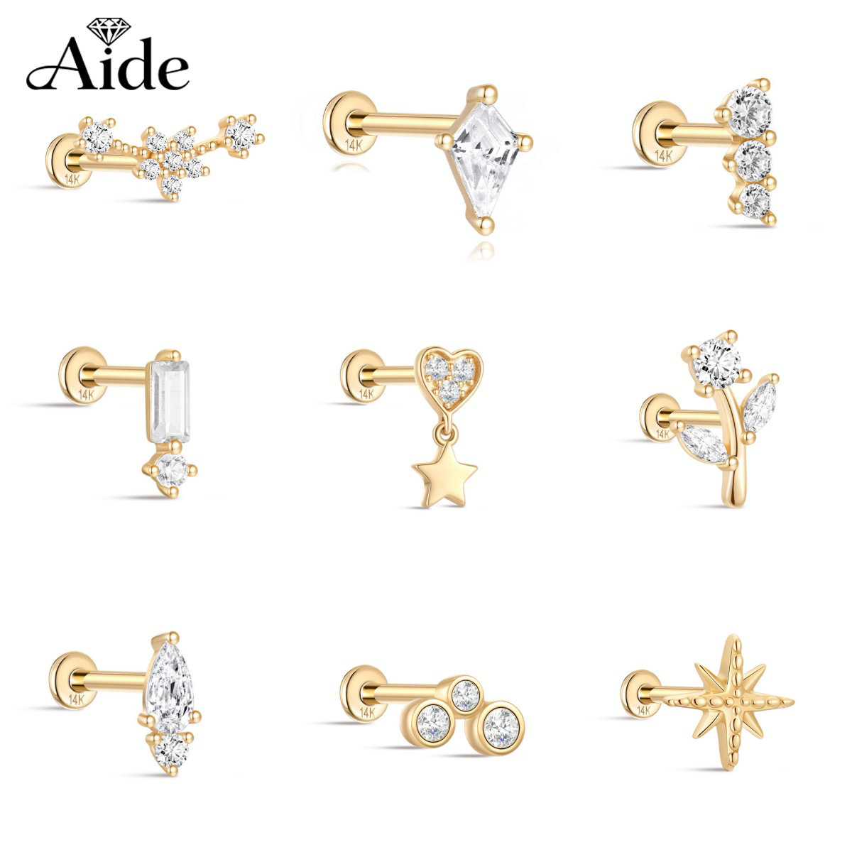 AIDE 14K Solid Gold Geometric  - đánh giá và giá Star Flat Back